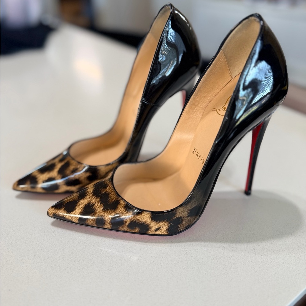 Christian Louboutin Black Patent & Leopard-Print Pointed-Toe Stiletto
